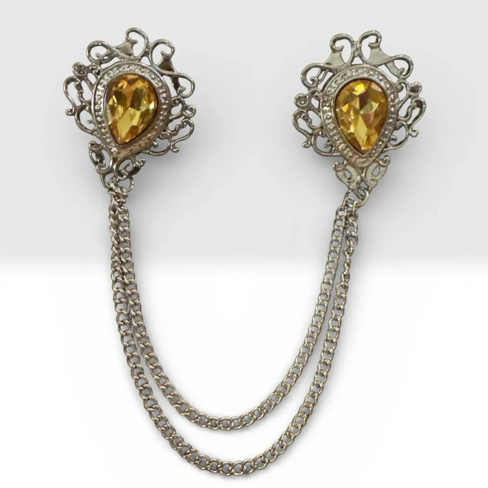 Victorian Style Amber Toned Rhinestone Collar Clip Double Chain Filligree pain - Picture 2 of 4